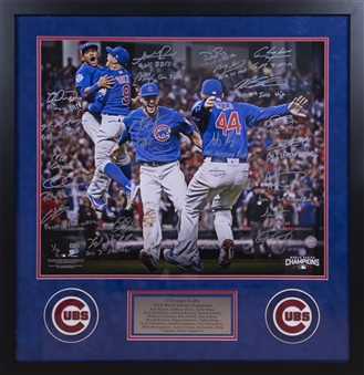 2016 Chicago Cubs Team Signed & Inscribed Photo With 20 Signatures In 30x31 Framed Display (Fanatics & MLB Authenticated)